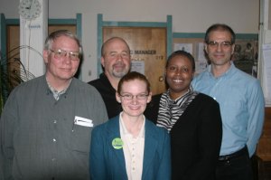 Mike Beilstein, 4th CD; John Olmsted, 3rd CD; Tristin Mock, 2nd CD, Cynthia McKinney, GP presidential candidate; Alex Polikoff, 5th CD. Photo by Pat Driscoll, PGP Coordinating Committee